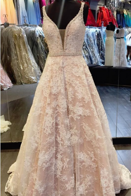 Elegant V Neck Champagne Lace Prom Dresses Ball Gowns