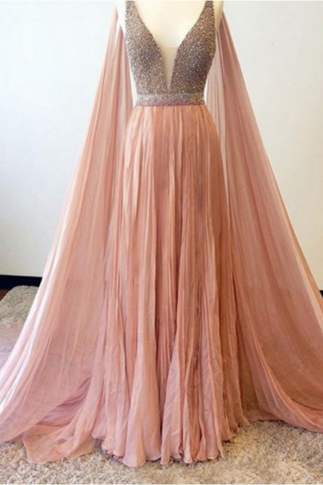 Elegant A-line V-neck Sleeveless Watteau Train Peach Prom Dress With Beading