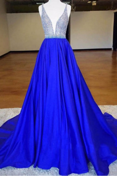 Deep V-neck Sweep Train Royal Blue Prom Dress With Beading