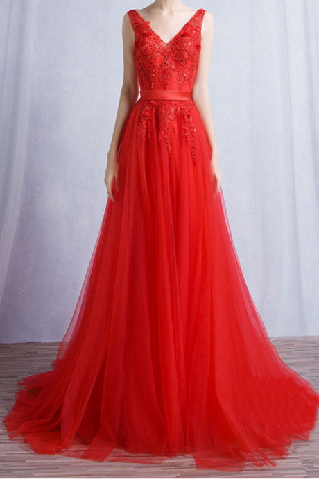 Red A Line Evening Dress,backless Charming Tulle Prom Dresses,formal Gown,high Quality Graduation Dresses