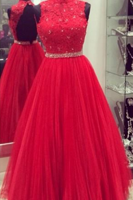 Red Prom Dress,lace And Tulle Prom Dress, High Neck Prom Dress,a-line Princess Prom Dress,high Quality Custom Made Prom Dress