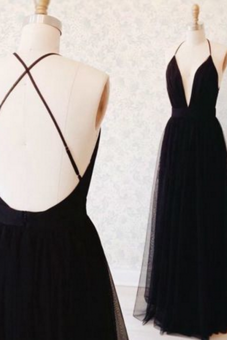 Black Plunge V Tie-Back Floor Length Tulle A-Line Formal Dress, Featuring Criss-Cross Open Back 
