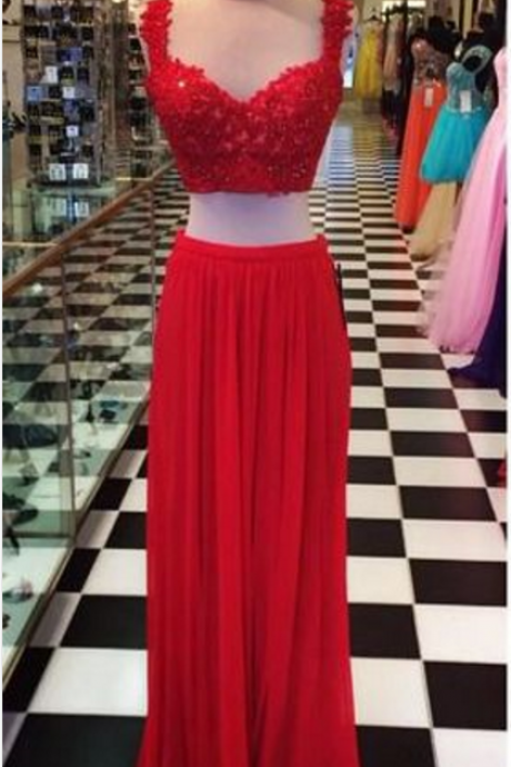 Red Prom Dress,two Pieces Prom Dress,chiffion Prom Dress,sexy Prom Dress,beautiful Beading Prom Dress,