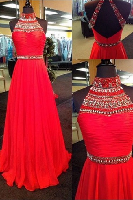 High neck prom dress,red prom dress,long prom dress,chiffion prom dress,beautiful beading prom dress,high quality custom made prom dress