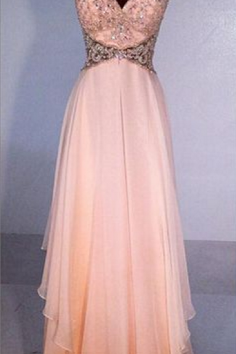 Pink Sleeveless Sweetheart Beaded Chiffon A-line Long Prom Dress, Evening Dress Featuring Cutout Back