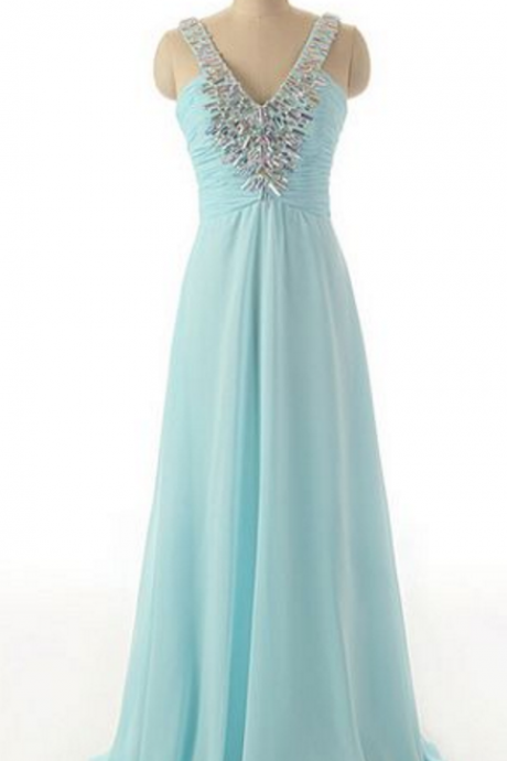 V-neck Prom Dress,long Prom Dress,beautiful Beading Prom Dress,simple Prom Dress, Chiffion Prom Dress,high Quality Prom Dress