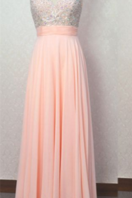 A-line Princess Prom Dress,long Prom Dress,chiffion Dress,beautiful Beading Prom Dress,sexy Prom Dress,pink Chiffion Prom Dress