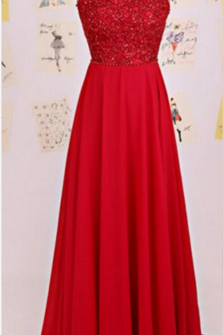 Red Halter Sleeveless Beaded A-line Long Prom Dress, Evening Dress Featuring Open Back