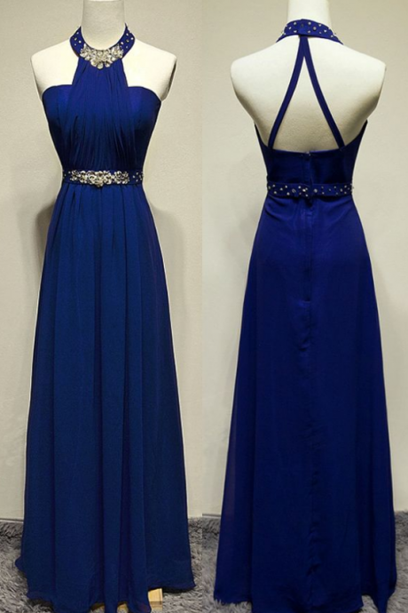 Royal Blue Strappy Halter Neckline A-line Prom Dress With Crystal Embellishment