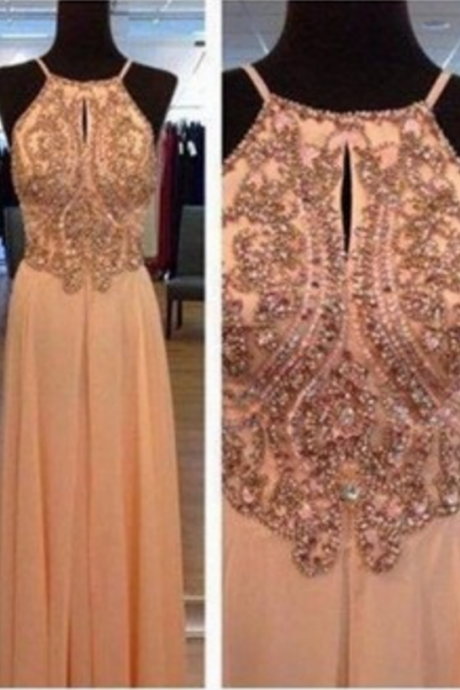 Sexy Long Prom Dress Backless Beading Prom Dress Sleeveless A Line Prom Dresses