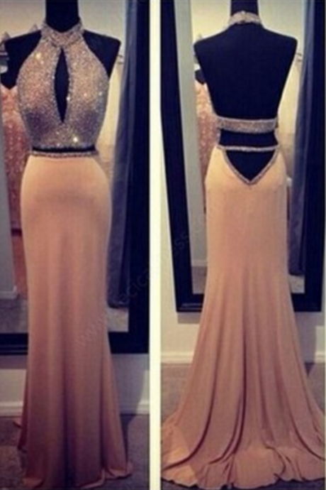 Two Pieces Prom Dress Sexy Halter Open Back Beautiful Beading Prom Dress Evening Dress