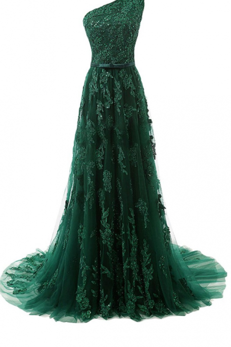 Forest Green Lace Appliqués Tulle Floor Length Prom Dress Featuring One Shoulder Bodice With Bow Accent Belt