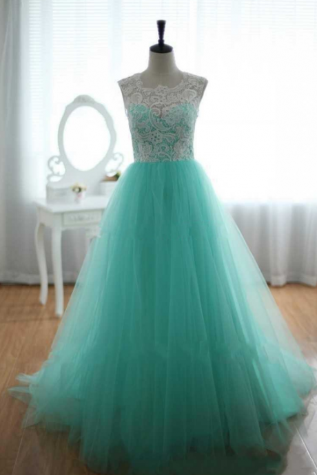 Long Tulle Lace Icy Blue Prom Dress