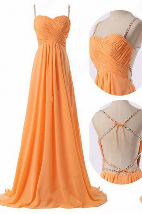 Orange Chiffon Ruched Sweetheart Beaded Embellished Spaghetti Straps Floor Length A-line Prom Dress Featuring Strappy Open Back