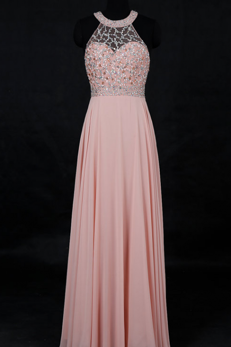 Round Neck Floor Length Chiffon Prom Dress With Beads