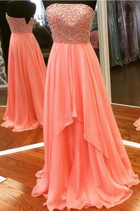 Strapless Coral Long Chiffon Prom Dress With Beading