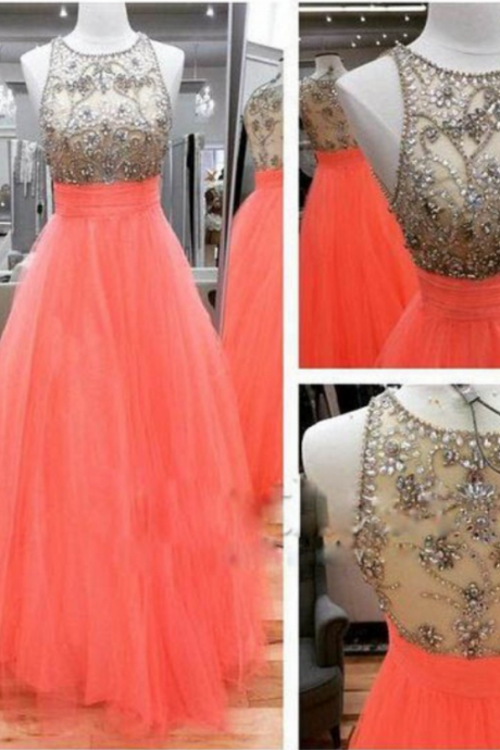 Long Coral Tulle Prom Dress With Beaded Illusion Bodice
