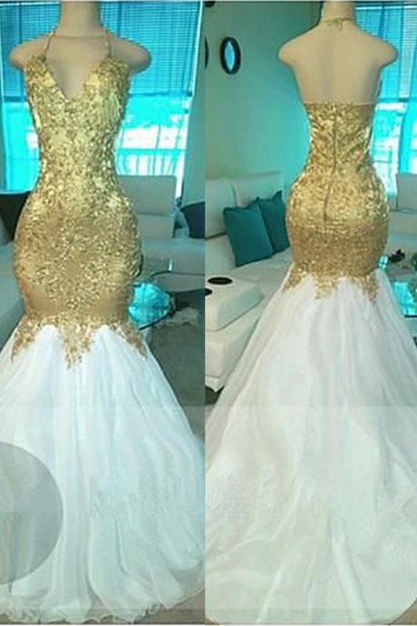Halter Mermaid Prom Dress With Gold Bodice
