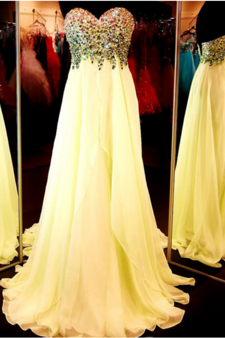 Long Yellow Chiffon Prom Dress With Crystals