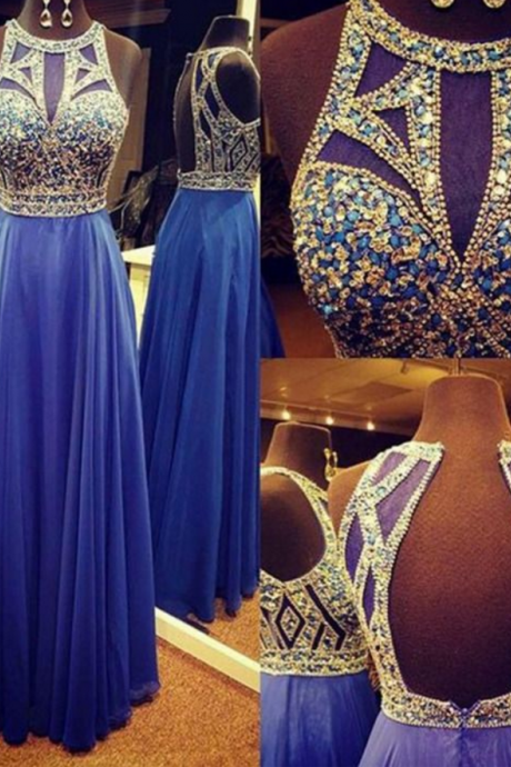 Royal Blue Beaded Prom Dress With Keyhole Back , Evening Dresses