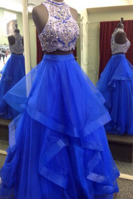 Royal Blue Two Ball Gowns, Beaded, Sleeveless Evening Gowns.