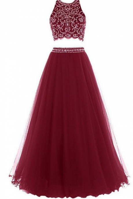 Wine Red Two Ball Dresses And Beads. , With A Sleeveless Evening Gown.