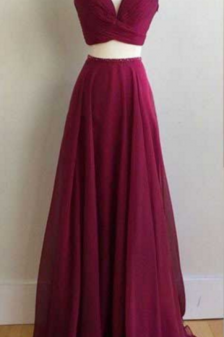 Wine Red Ball Gown And Beads Two Chiffon Ball Gowns, Evening Dress.