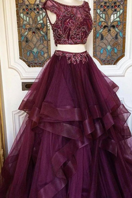 The Wine Red Ball Gown And Bead Two Pieces Prom Dress With A Pair Of Chiffon Ball Gown, Evening Dress.