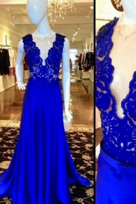 Blue Deep V-neckline Lace Floor Length Evening Dress, Prom Dress