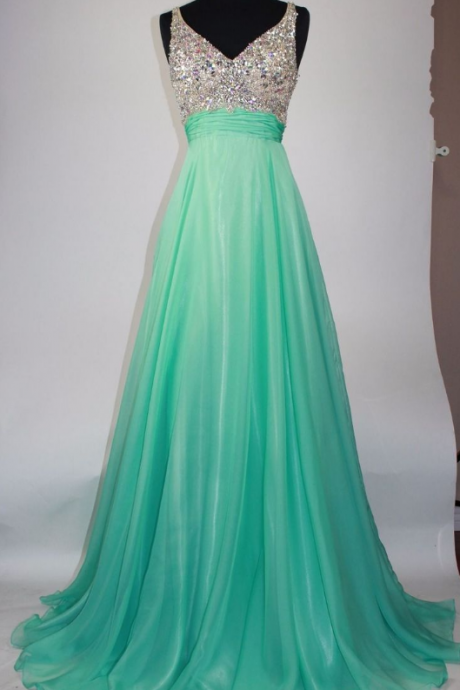 Green Shimmery Sequin V-neckline Chiffon Long Ball Gown, Prom Dress
