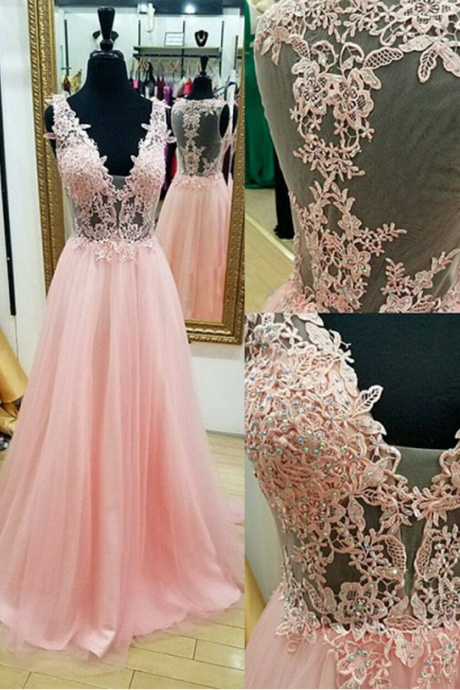 Pink Flower Ball Gown, V-neck Without Chest, Evening Dress.