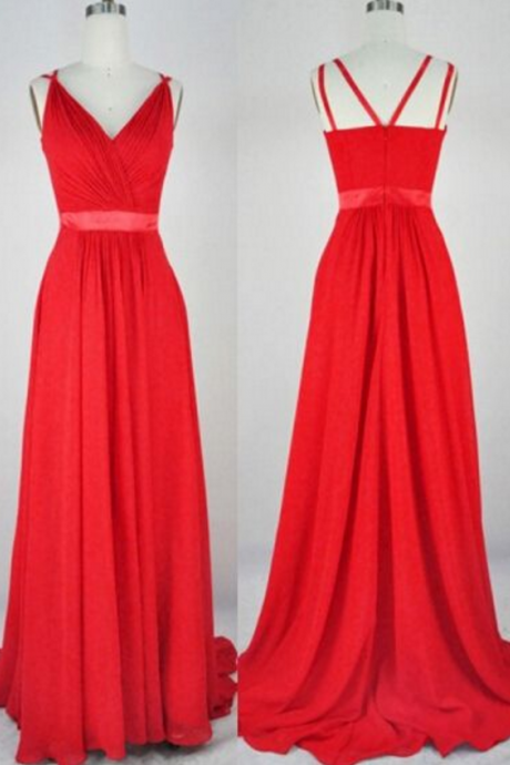 A Red V-neck With A Sleeveless Ball Gown, Evening Dress.