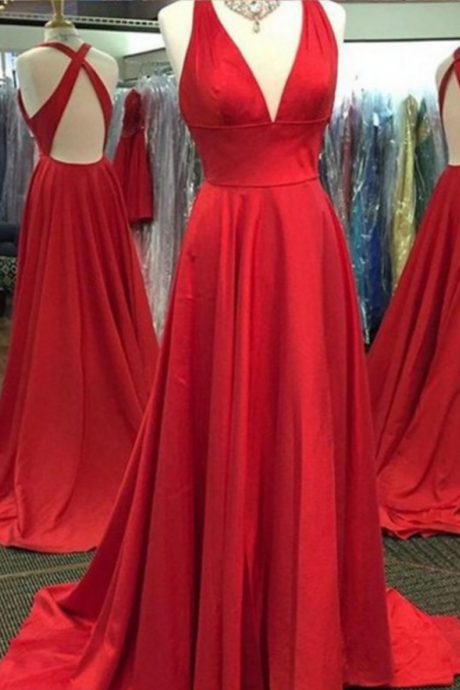 Red Formal Dress V-neck With Sleeveless Ball Gown, Evening Gown.
