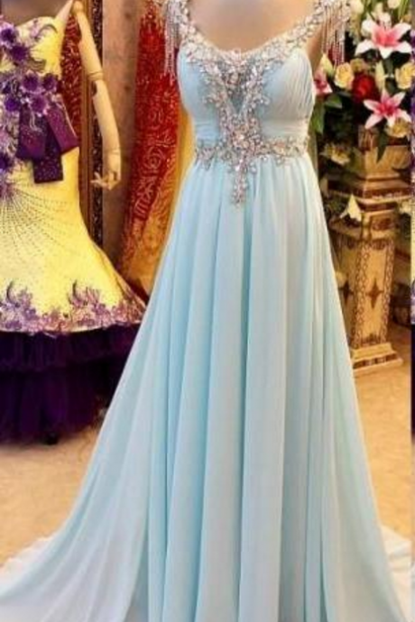 Ball Gown With A Light Blue Chiffon Dress V-neck With A Sleeveless Ball Gown, Evening Gown.