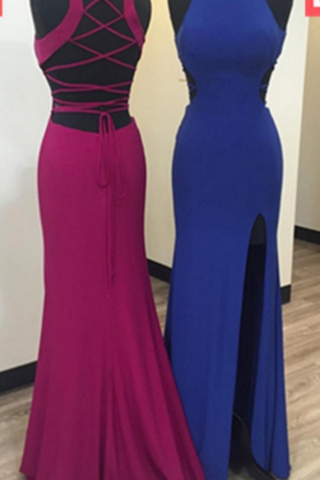 A Red And Blue Ball Gown And Slit, Evening Dress.
