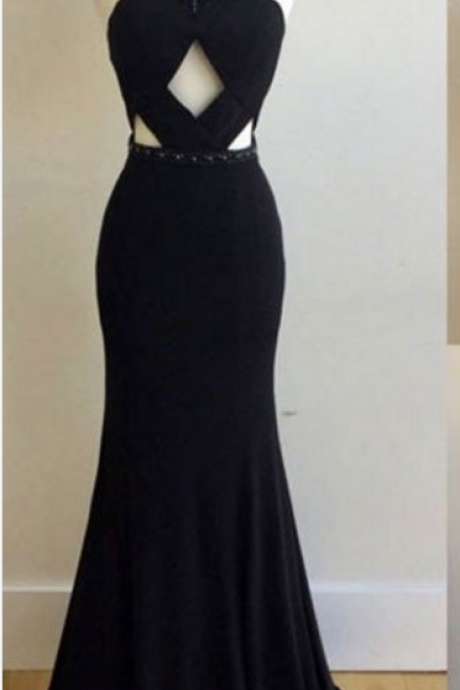 A Gem-neck Black Ball Gown, Evening Dress.