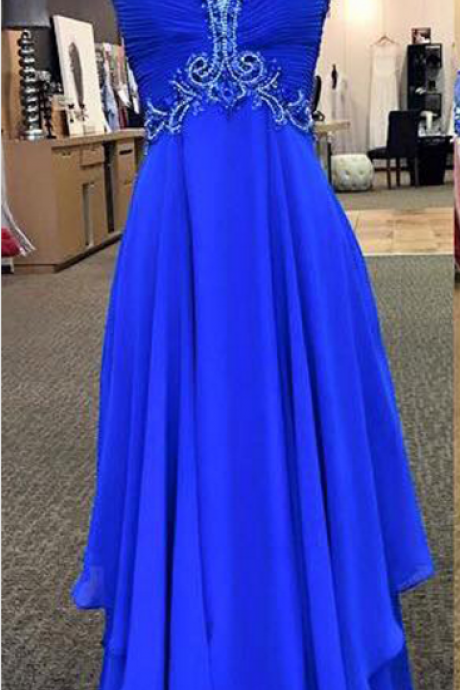 Royal Blue Chiffon Prom Dresses, Beading Formal Dresses, Graduation , A-line evening Dress