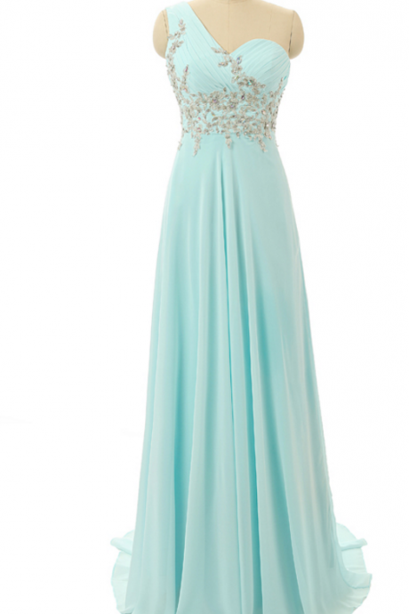 A Sky-blue One-shoulder Chiffon Gown, Evening Dress.