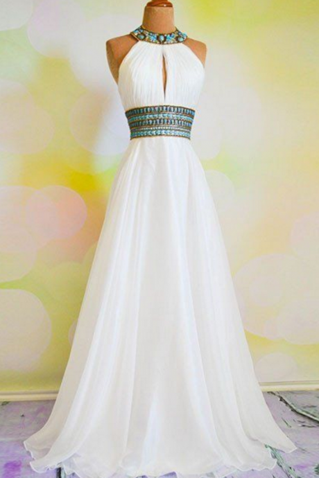 A Chiffon Long Gown With A Bridle White Ball Gown, Evening Dress.