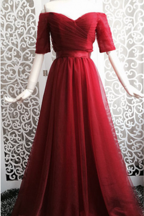 A Wine Red Semi-sleeve Formal Dress, Evening Dress.
