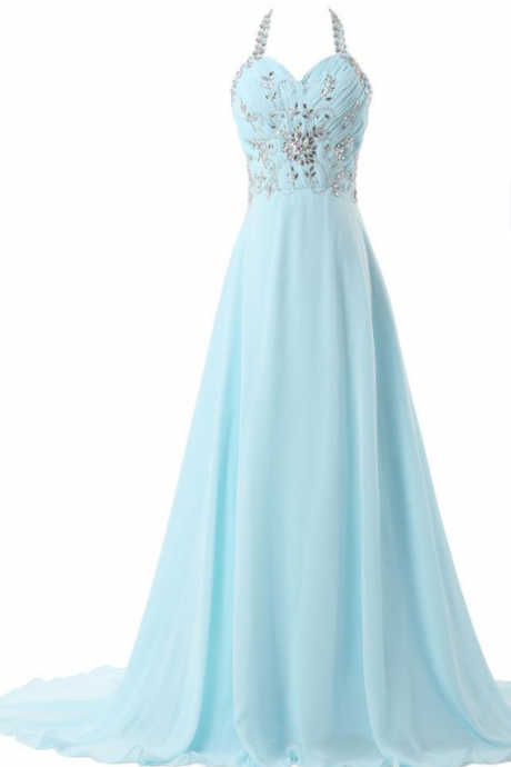A Light Blue Chiffon Formal Dress And Crystal Neck Dress, Evening Dress.