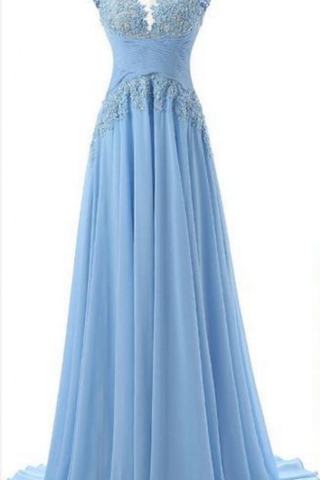A Blue Long Chiffon Dress With An Illusion Of Lace And Evening Dress.