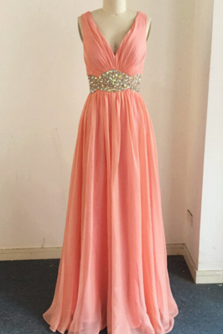 Chiffon Plunge V Sleeveless Floor Length A-Line Evening Dress Featuring Beaded Embellished Belt and Criss-Cross Open Back