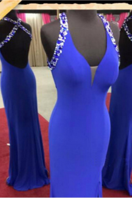 A Long Royal Blue Ball Gown With Strapless Straps, Evening Dress.
