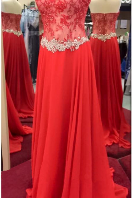 Red Prom Dress With Lace Bodice
