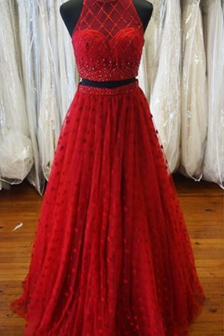 Red 2 Pieces Prom Dress With Polka Dots Skirt