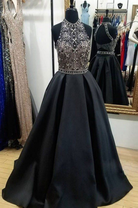Black High Neck Lace Beads Long Prom Dress,evening Dresses