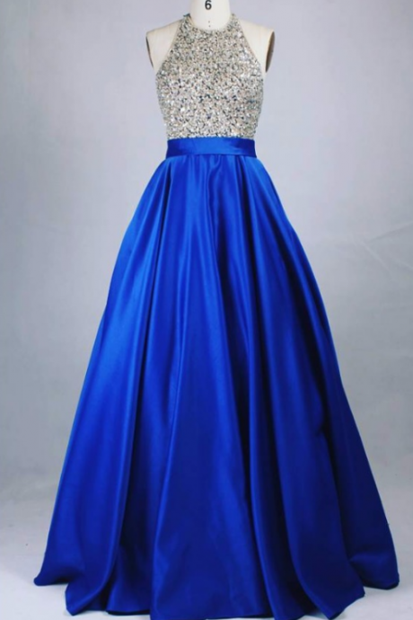 Halter Long Royal Blue Prom Dress With Open Back , Evening Dresses