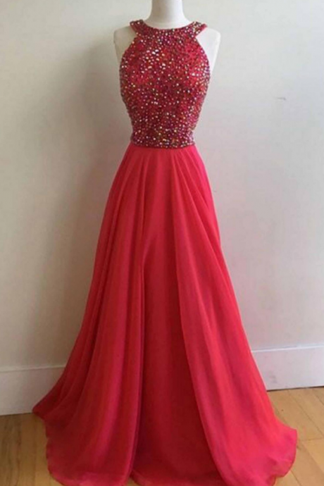 Red Chiffon Long Prom Dres With Beads