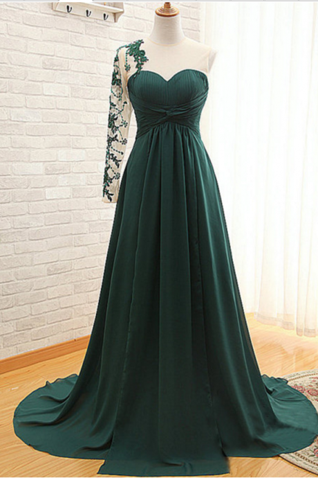 Asymmetric One Sleeves Floor Length Pleated Prom Dress Evening Dress With Beadings